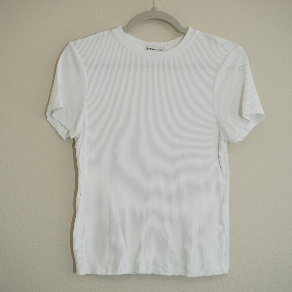 Prana Women's Size Large White Ribbed Short Sleeve Crew Neck T-Shirt Casual Soft